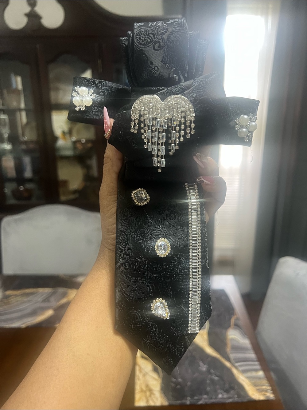 Black Embellished Satin Necktie with Rhinestone Heart Accent